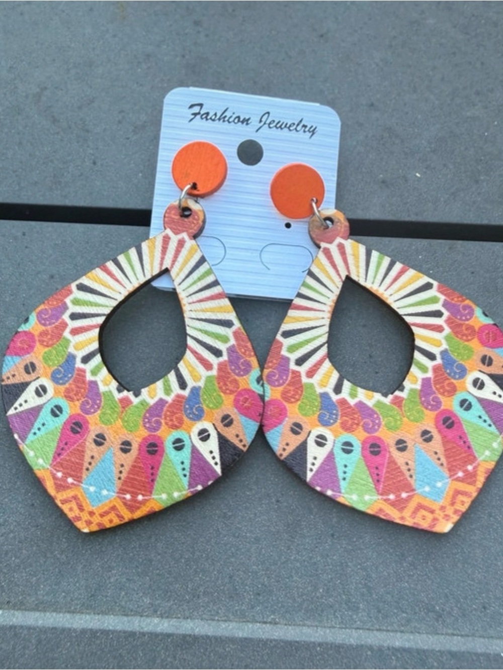 Fashion Jewelry Multicolor Wooden Teardrop Earrings with Orange Studs